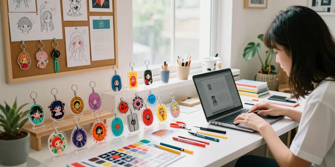 Custom acrylic keychain designs displayed in a vibrant studio, showcasing artistic creativity and personalised merchandise.