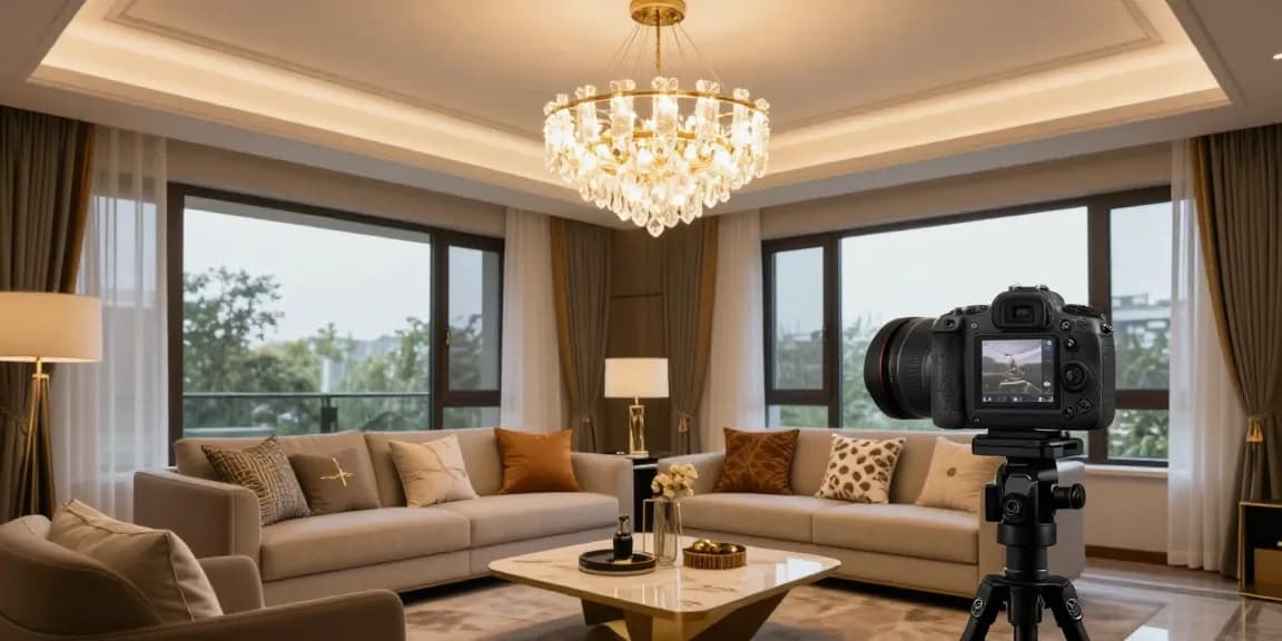 Candelabru LED elegant într-un living modern, iluminând atmosfera caldă și primitoare.