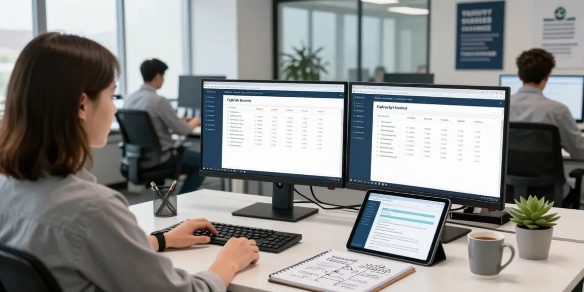 Cyber Essentials requirements compliance specialist monitoring certification processes in a modern office.
