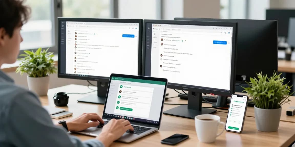 Using WhatsApp網頁版 on a laptop in a modern workspace with natural light