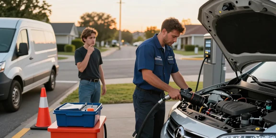 Technician draining wrong fuel in car on roadside, demonstrating professional fuel recovery service.