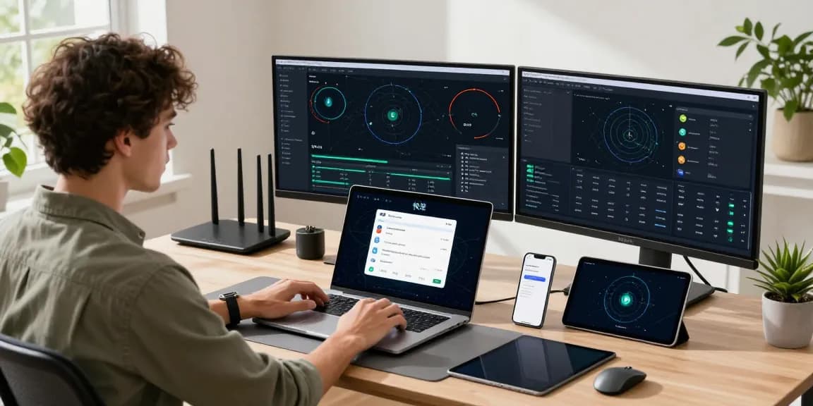User connects to the global network via快连 software on a laptop, showcasing a modern tech workspace.