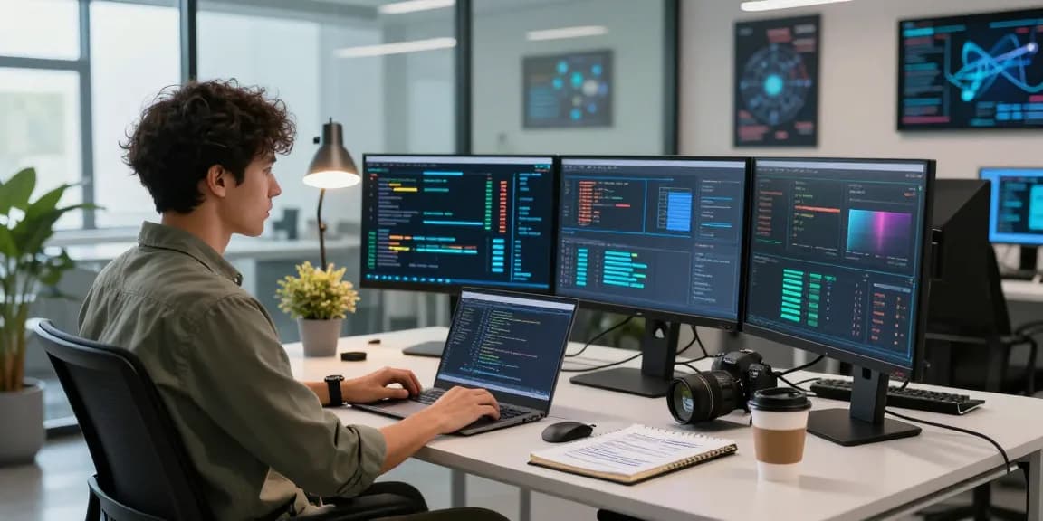 Cybersecurity analyst working on threat detection systems at https://shs-dome5.com/ in a modern office setting.