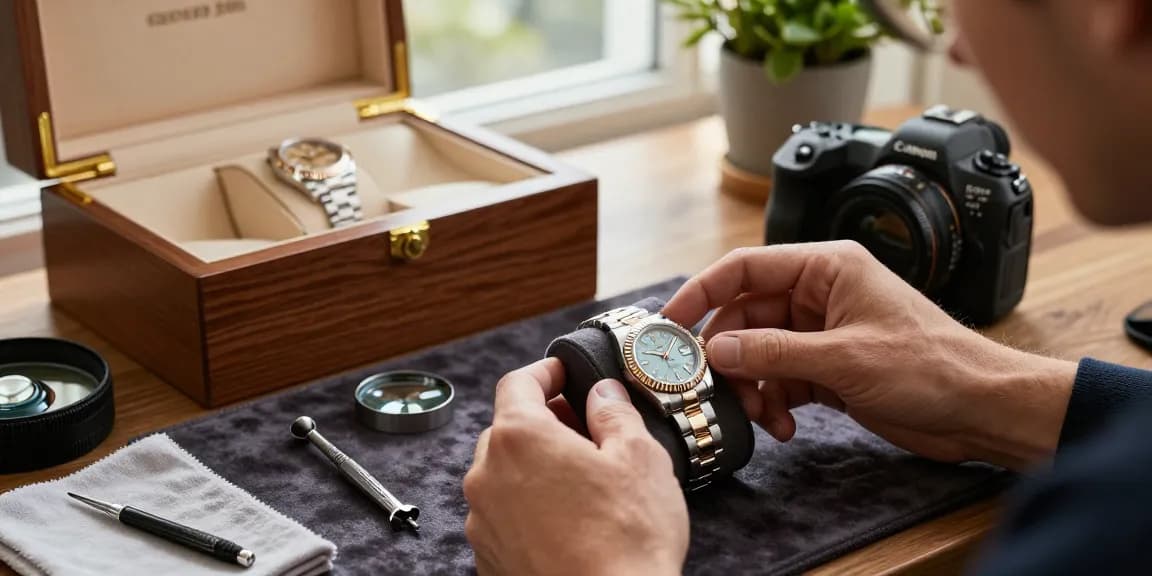 Person examining a luxury rolex replica on a velvet cloth with watchmaking tools