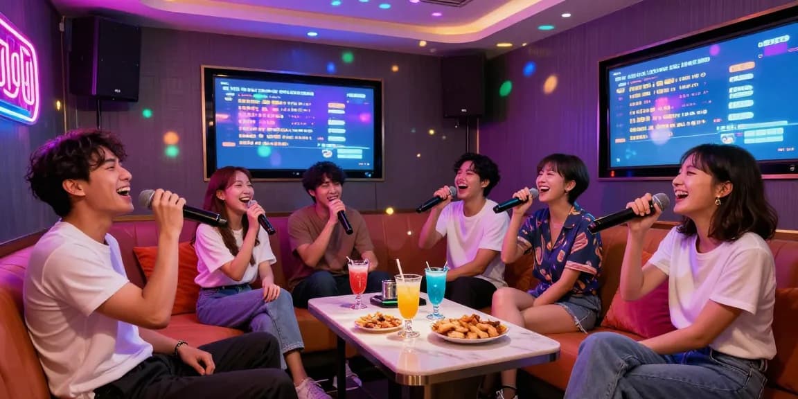 Experience the excitement of 강남가라오케 with friends enjoying singing in a vibrant karaoke bar.