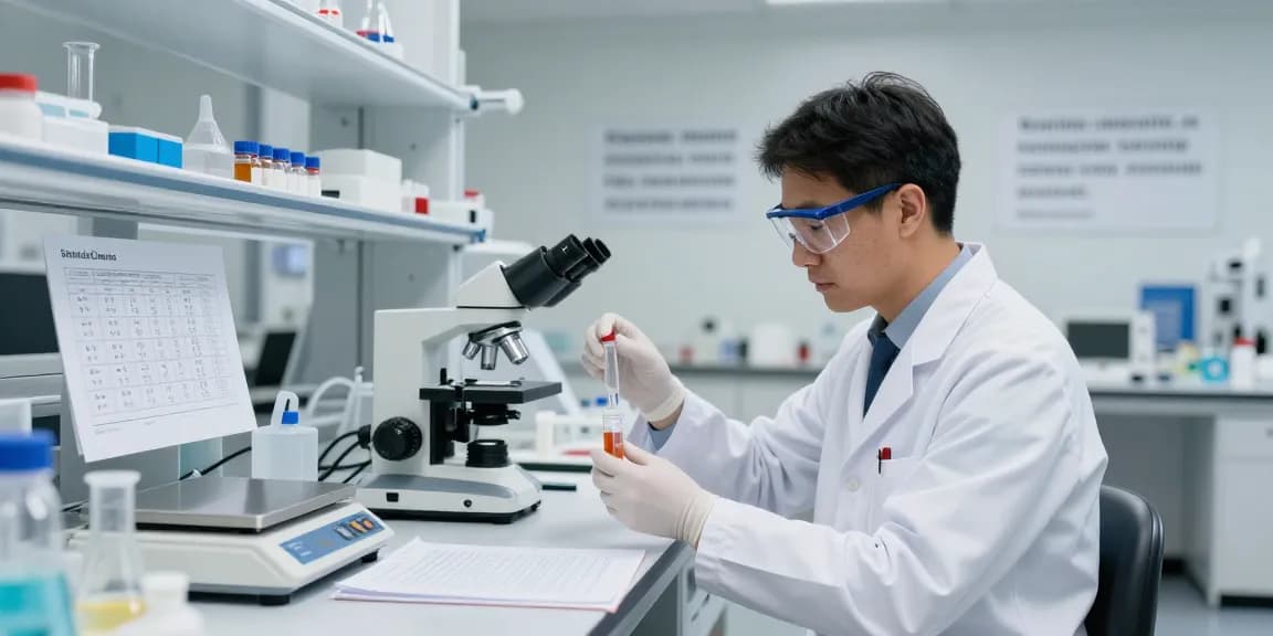 Research scientist analyzing SwissChems peptides in a modern lab setting.