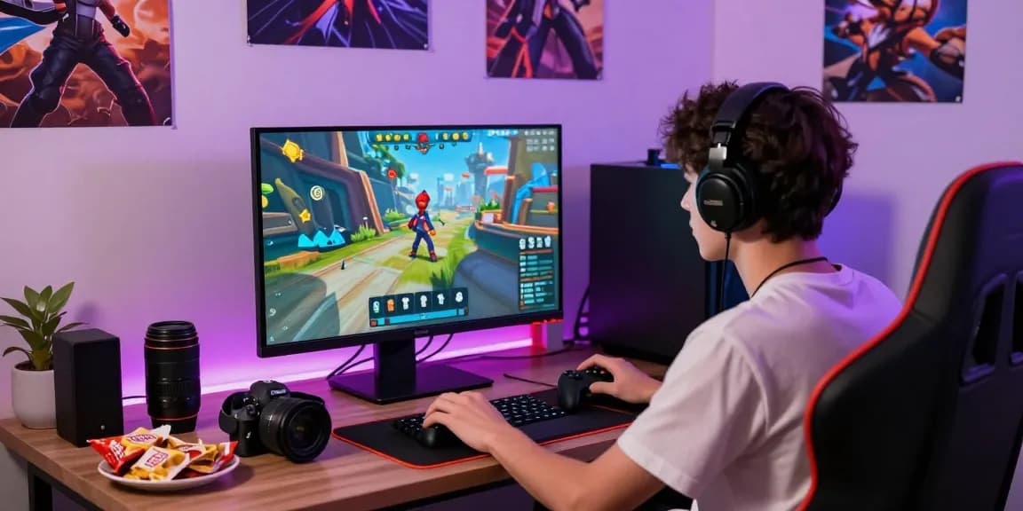 Young adult immersed in an iwin online gaming experience with vibrant colors and gaming gear.