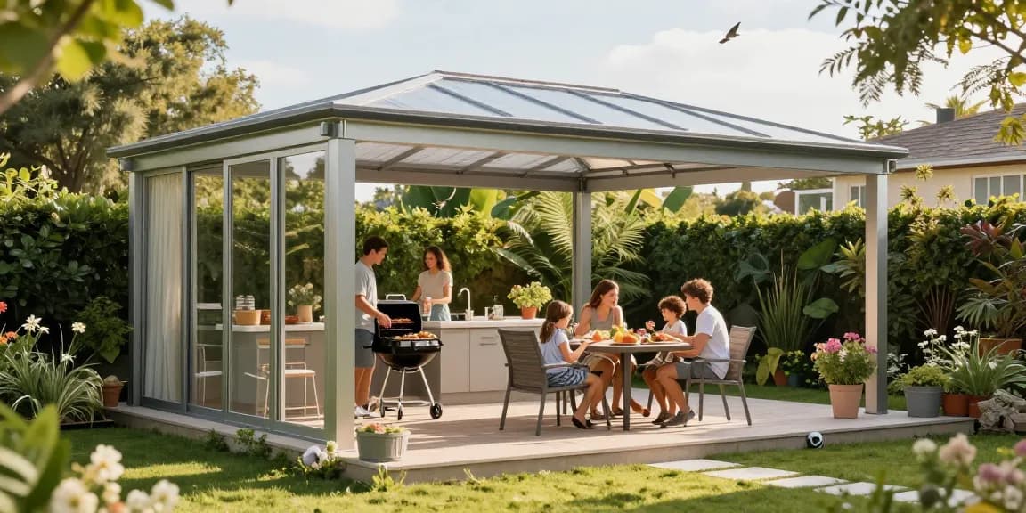 Terrassenüberdachung freistehend, modernes Alu-Dach, Familie genießt Grillfest im Garten