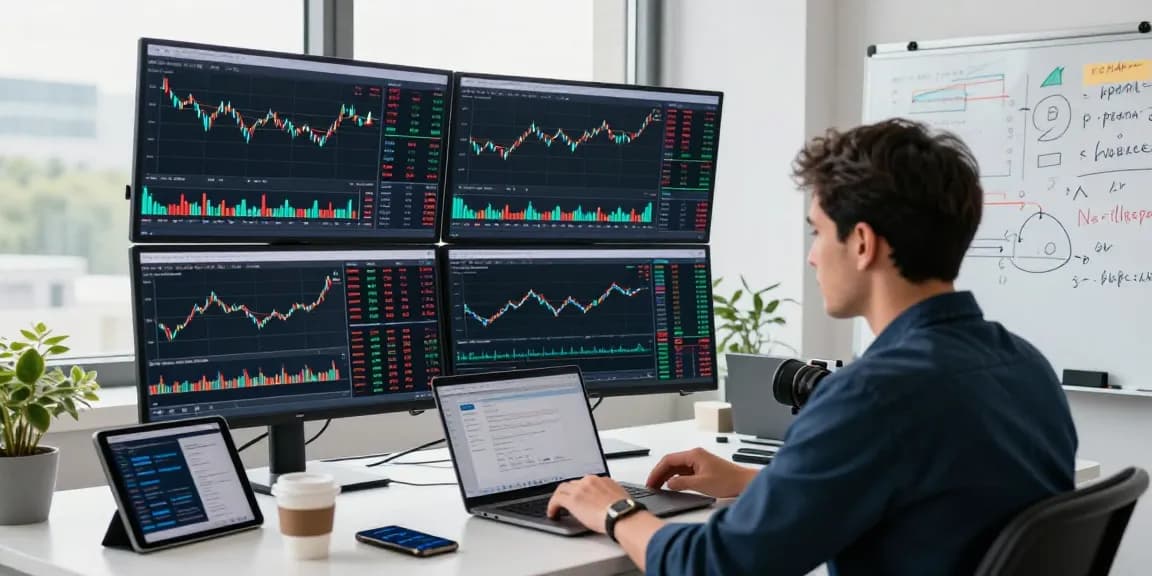 Live forex charts displayed on multiple monitors in a modern trading office, showcasing currency trends.