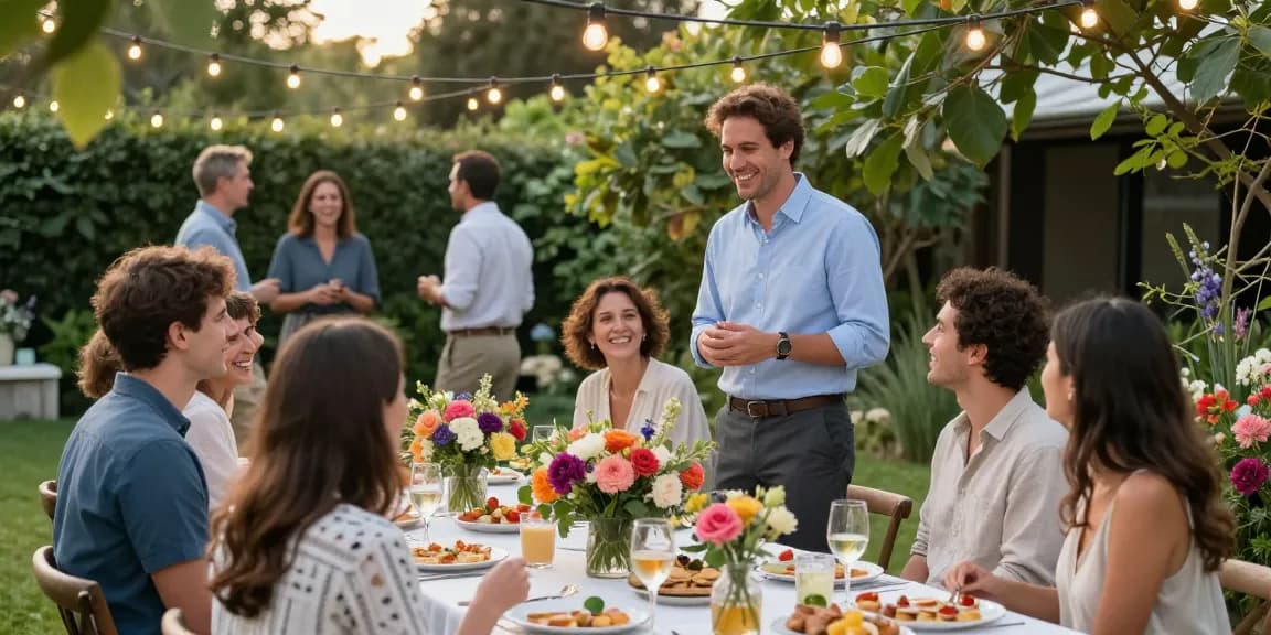 Engaging outdoor garden party scene showcasing entertaining blogs with vibrant decor and happy guests.