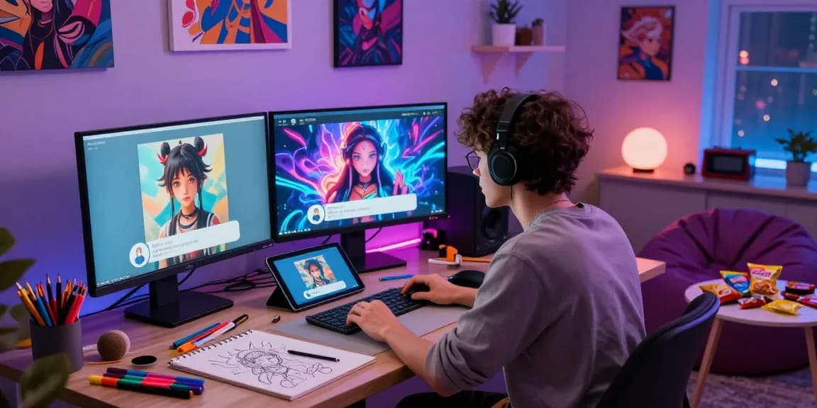 Interactive nsfw character ai chat in a creative studio with colorful avatars and ambient lighting.