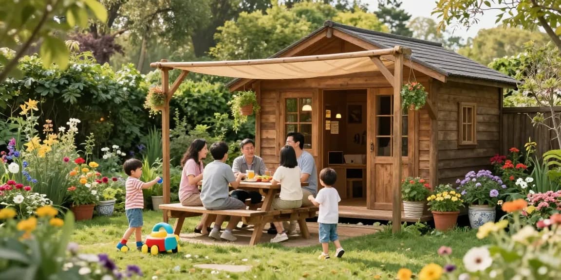 Attraktives Gartenhaus umgeben von blühenden Pflanzen, Familie genießt einen Tag im Garten.