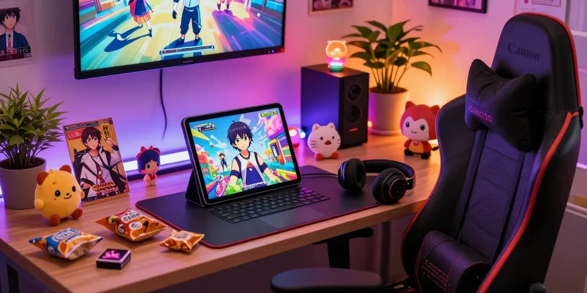 Enjoying a hentaigame on a tablet in a cozy gaming nook, highlighting adult visual novel elements and gaming atmosphere.
