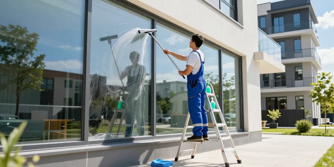 Professionelle Glasreinigung in Dortmund, ein Reinigungsteam säubert große Fenster mit umweltfreundlichen Mitteln.