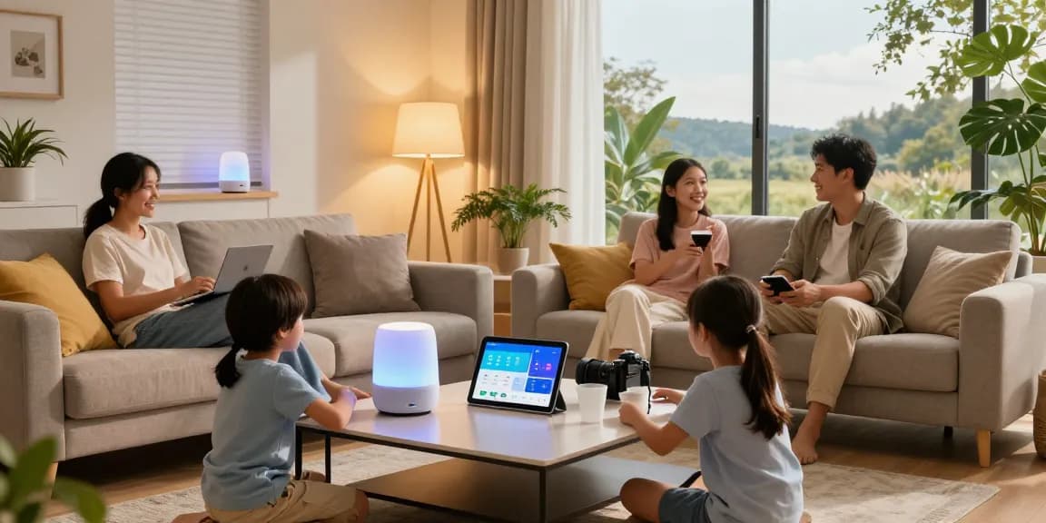 Modern living room with IKEA smart home devices, family interacting with smart lighting and speakers.