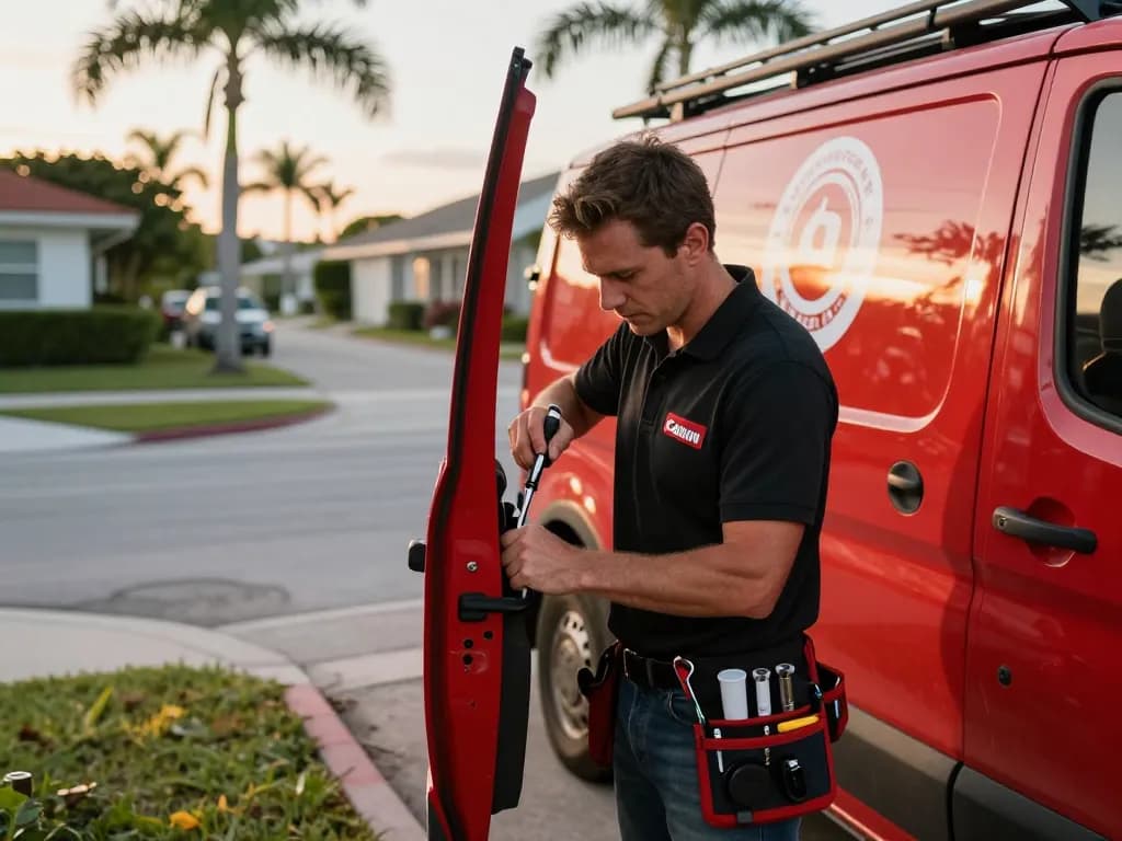 Mobile locksmith Palm City expert working on a car lock in a sunny neighborhood.