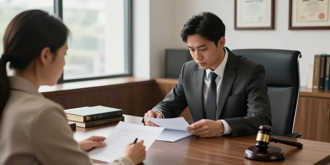 Professional legal consultation scene showing lawyers are speaking with clients in an office.