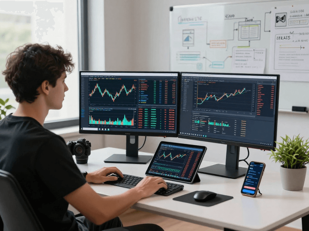 Developer utilizing multi-currency pair API in a modern financial workspace, analyzing forex market data on multiple screens.
