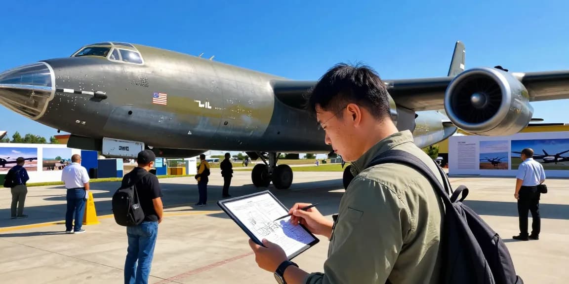 B52 máy bay chiến lược trong triển lãm hàng không, người tham quan nghiên cứu thông số kỹ thuật.