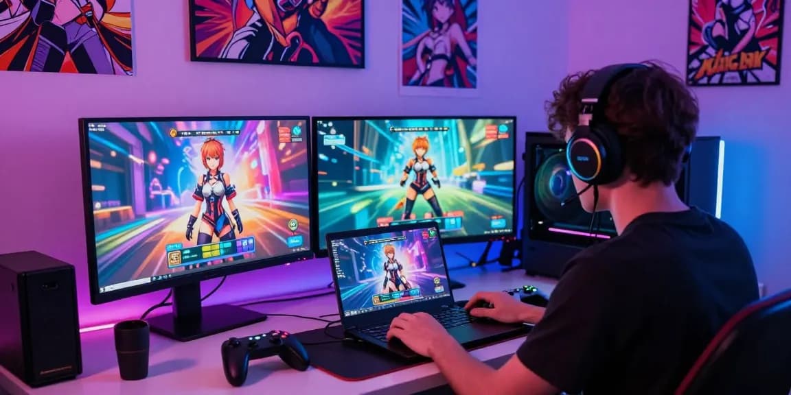 Playing hentai games online in a colorful gaming room with vibrant graphics and neon lights.