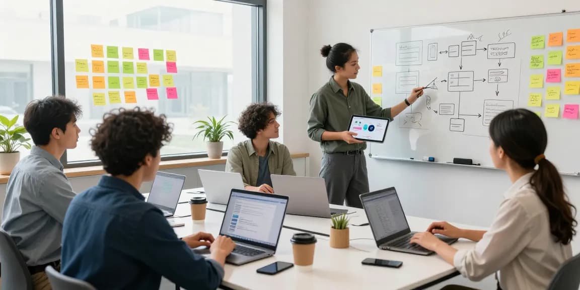 Build internal tools with AI team collaborating on innovative projects in a bright workspace