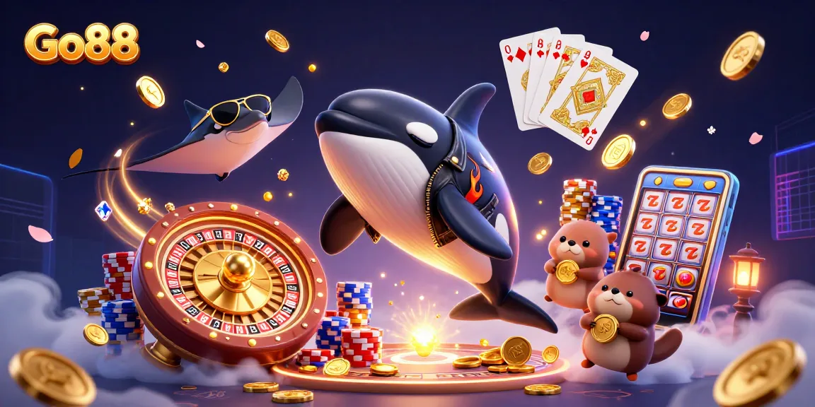 Experience the excitement at Go88 with dynamic casino characters and gold coins flying around!