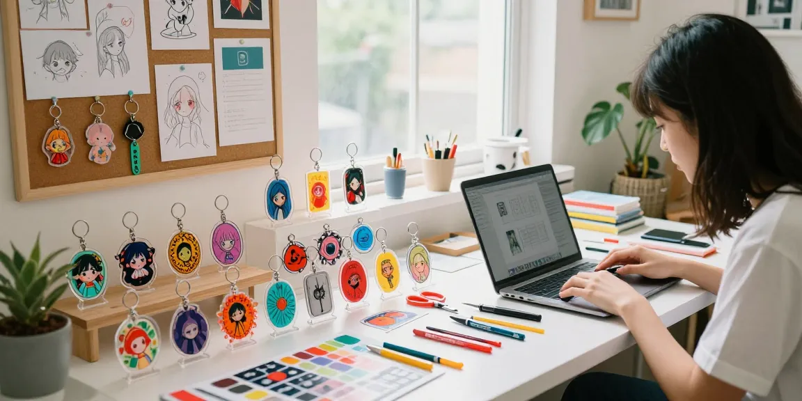 Custom acrylic keychain designs displayed in a vibrant studio, showcasing artistic creativity and personalised merchandise.