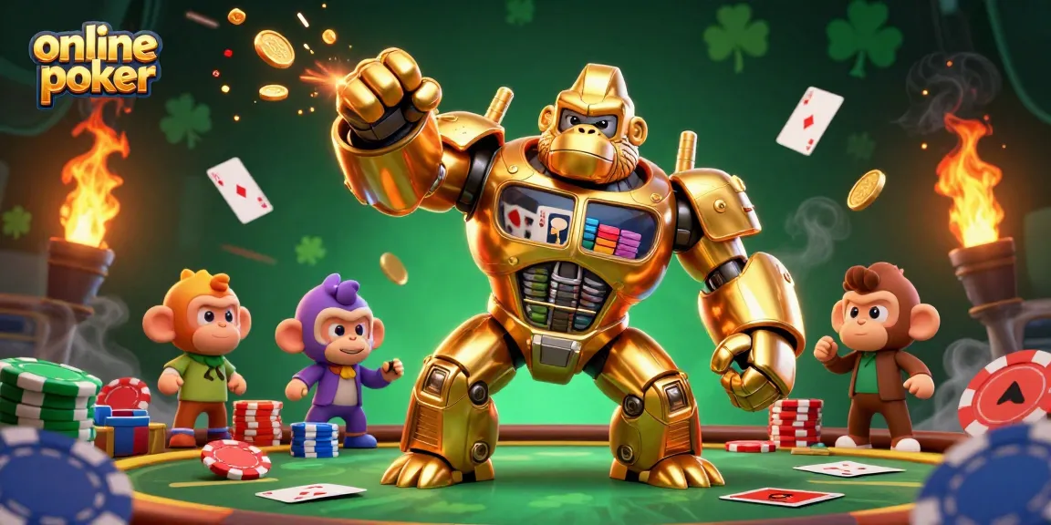 Experience thrilling online poker action with a golden mech and vibrant poker elements.
