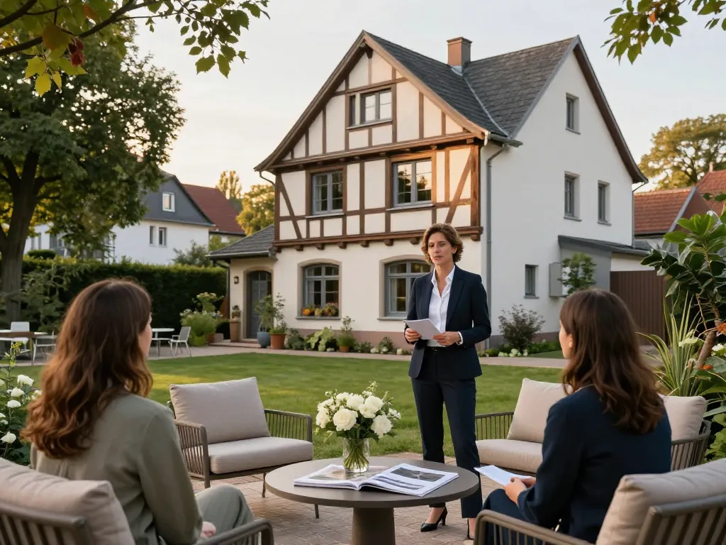 Immobilienmakler zeigt Immobilien in Frankfurt Eschersheim und hebt die Schönheit der Häuser und der Gemeinschaft hervor.