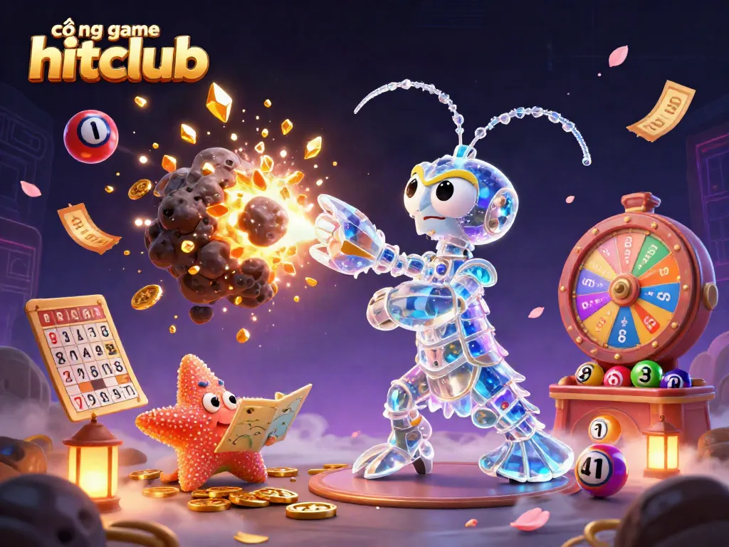 Engage with cổng game hitclub through vivid, dynamic illustrations of vibrant game elements and energetic characters.