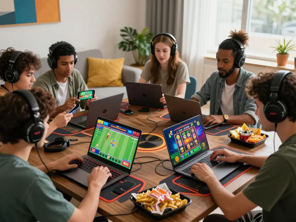 Players enjoying link vào fb88 in a vibrant home gaming setup with sports betting and casino games.