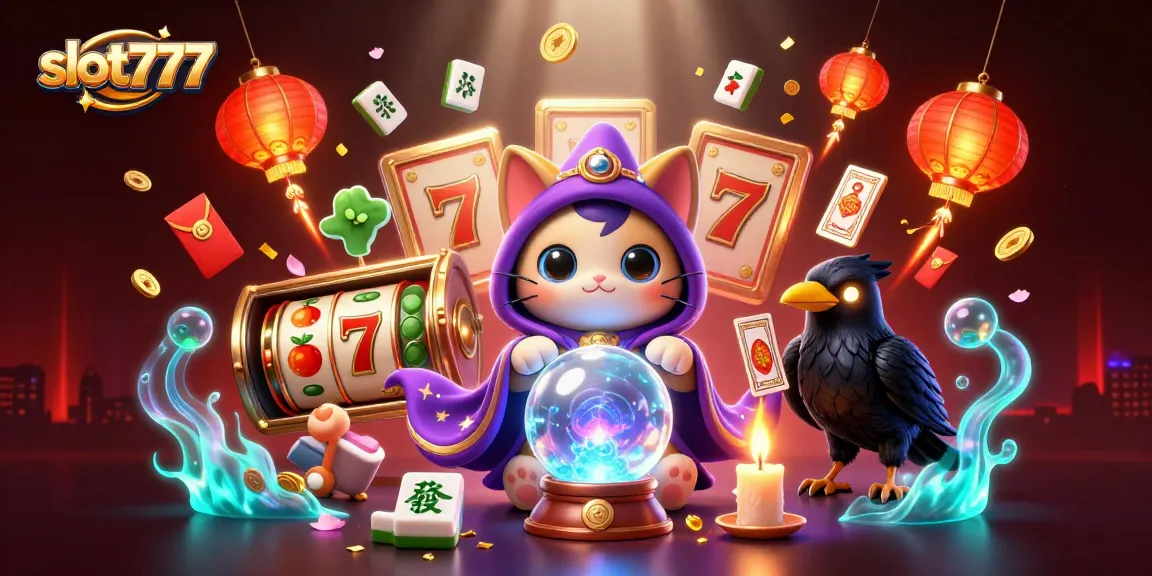 Engage with slot777 featuring a vibrant 3D scene full of fortune teller mystic cat and casino elements.
