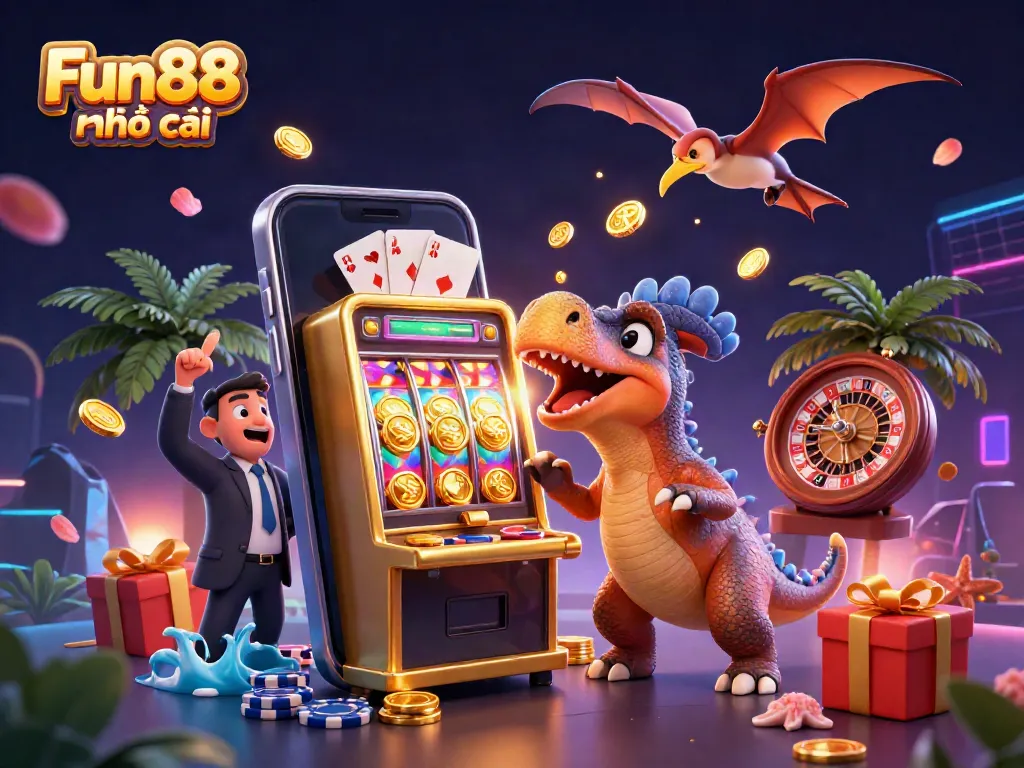 Fun88 nhà cái themed illustration depicting a dinosaur winning jackpots at a lively casino scene filled with slot machines and colorful game elements.