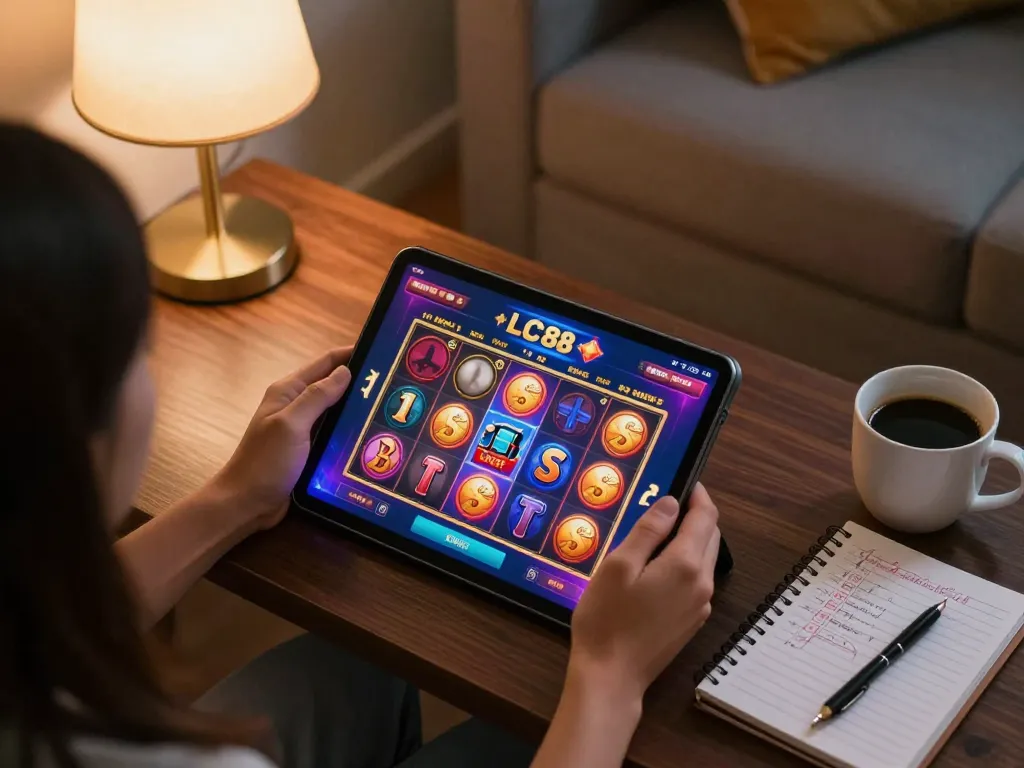 Engaging with LC88 slot games on a tablet in a cozy home setup, promoting responsible gambling.
