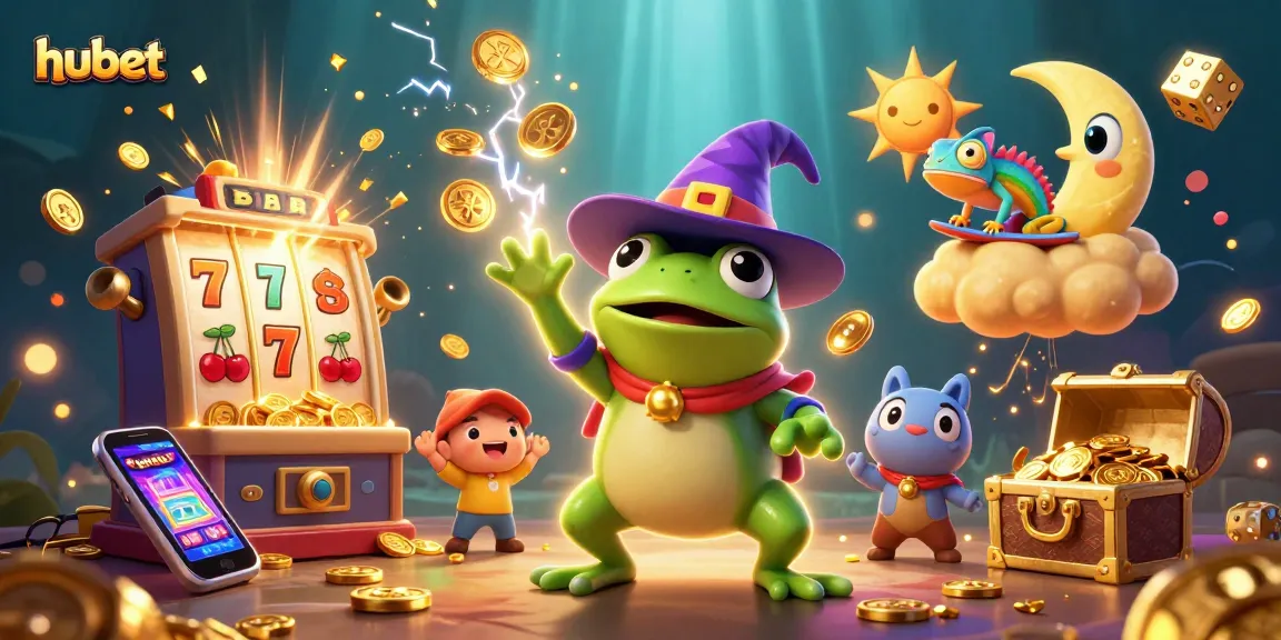 Engage in thrilling gameplay at hubet as a cartoon wizard and vibrant chameleon celebrate casino wins with golden coins.