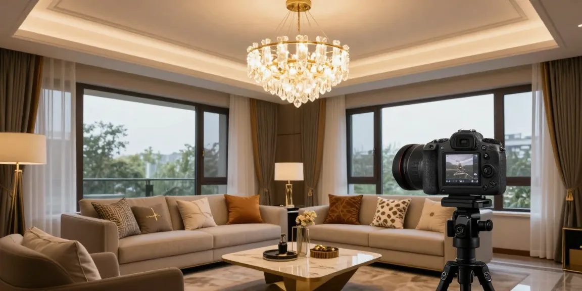 Candelabru LED elegant într-un living modern, iluminând atmosfera caldă și primitoare.