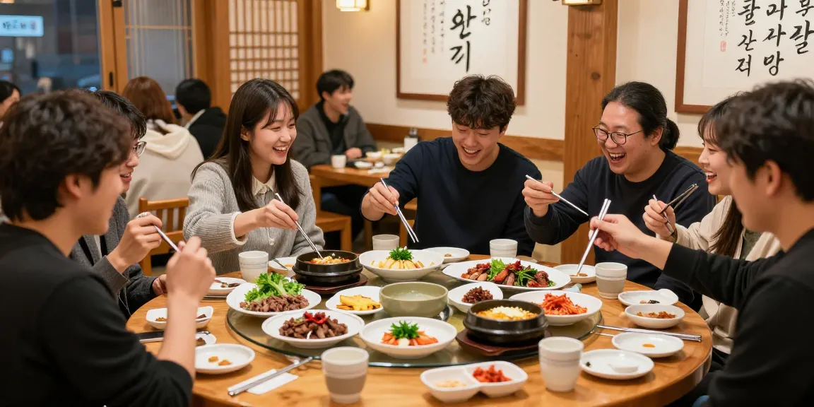 Friends dining at 상봉동 한국관 enjoying traditional Korean cuisine with vibrant dishes and warm atmosphere.