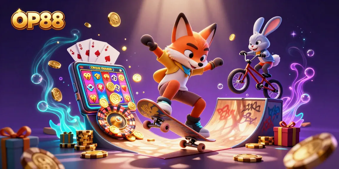 Experience the excitement of OP88 with a vibrant casino scene featuring dynamic characters and games.