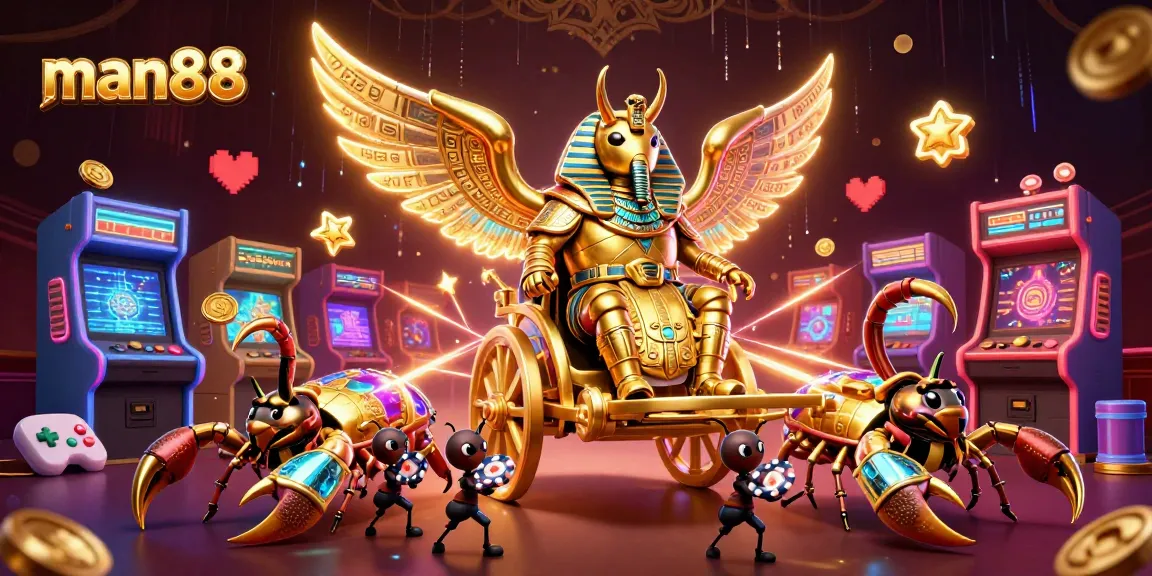 Experience thrilling gameplay with man88 in a vibrant 3D casino setting, featuring a unique illustration of gaming figures.