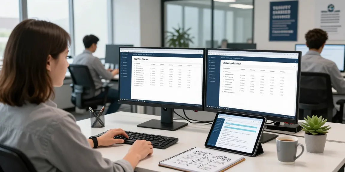 Cyber Essentials requirements compliance specialist monitoring certification processes in a modern office.