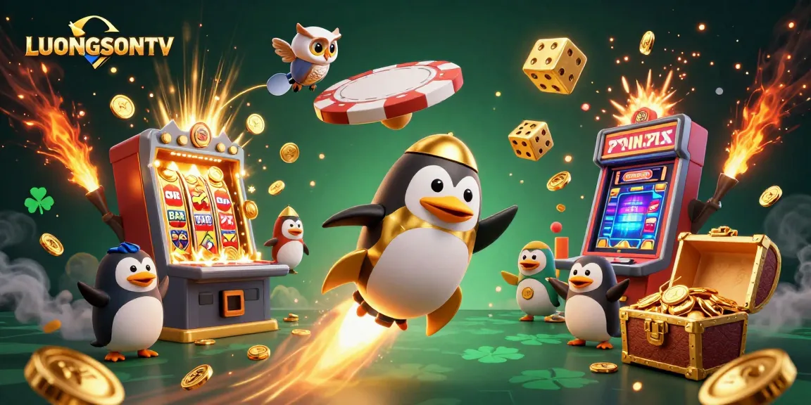 Experience immersive gaming with LUONGSONTV's vibrant casino scene featuring a golden penguin and slot machines.