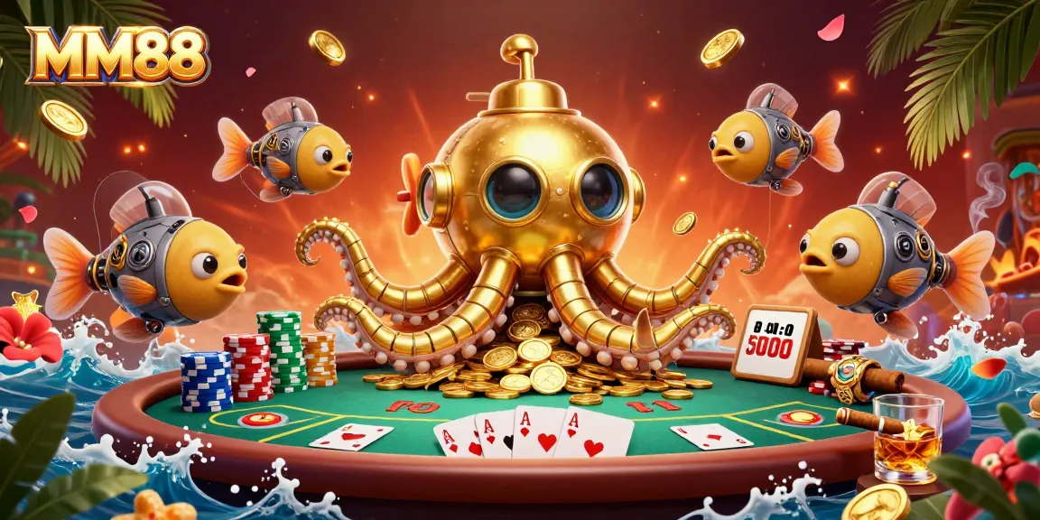 Experience MM88's thrilling world of poker with a golden kraken submarine surfacing through coins.