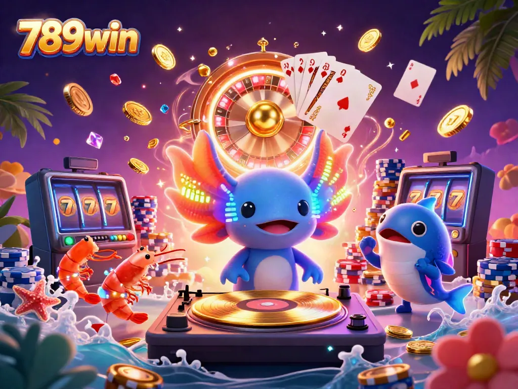 Exciting 789win promotional art showing a neon-colored axolotl DJ and vibrant casino elements.
