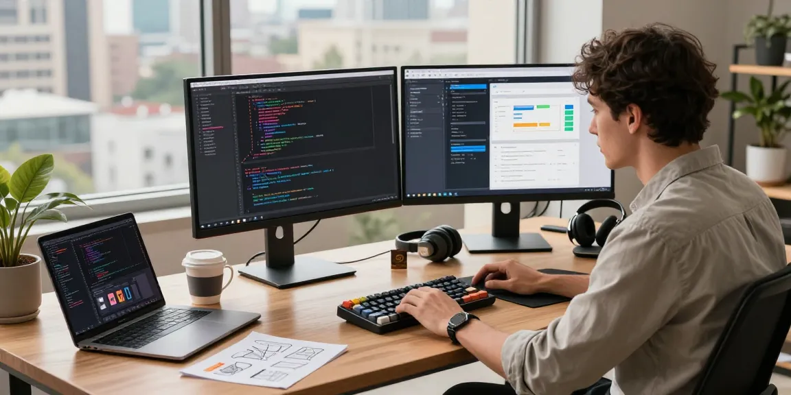 Developer coding at a modern workspace with dual monitors, showcasing software development for teiegramin.com.