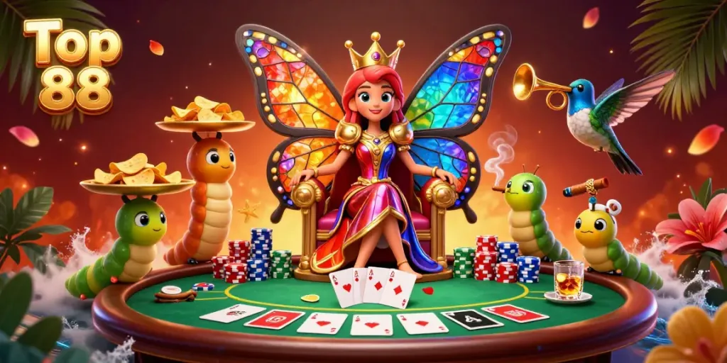 Engage in vibrant casino action at Top 88 with colorful poker elements and a whimsical butterfly queen.