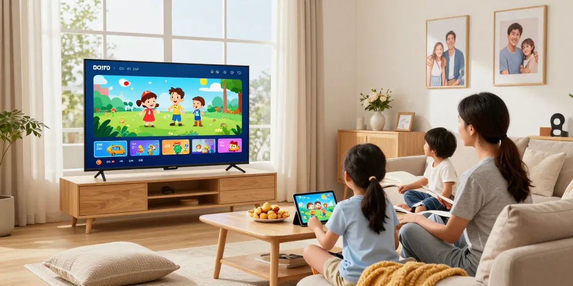 Family enjoying IPTV subscription at home, cozy living room scene with TV and tablet.