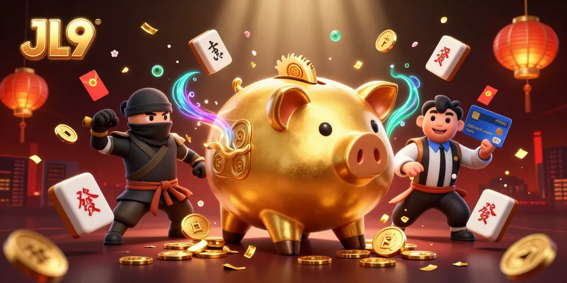 JL9 casino scene featuring an enormous golden piggy bank sumo wrestler and characters among festive elements.