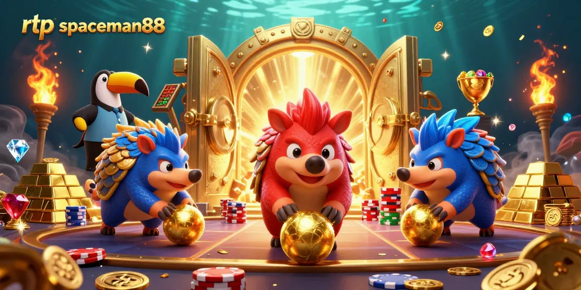 Engage with rtp spaceman88 in a dynamic casino scene featuring rival pangolins, chips, and treasures