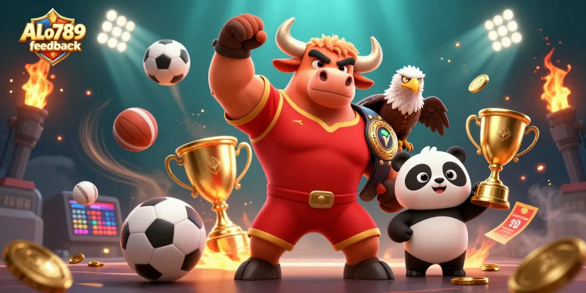 Engage with ALo789 feedback as the muscular 3D bull celebrates sports betting wins, surrounded by dynamic elements.