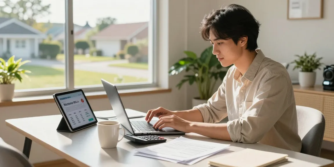 Calculador euribor displayed on a tablet in a modern home office setting with mortgage documents.